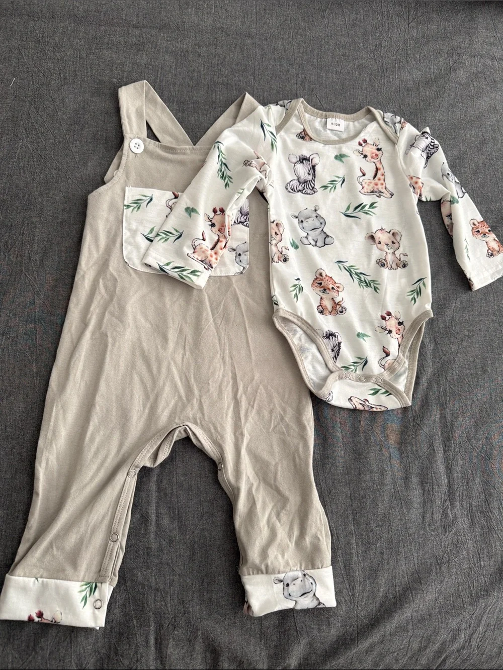 Neutral Animal Print Baby Overalls Set - Beige and Cream